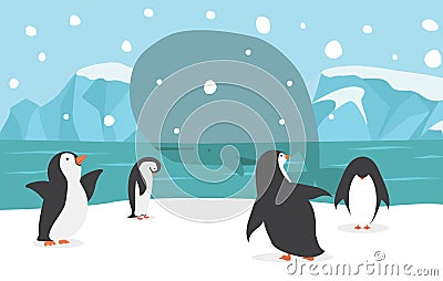 Family penguins with Whale North pole background Vector Illustration