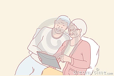 Family, pensioners, education, communication online concept Vector Illustration