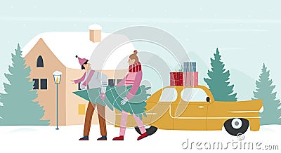 Family people carry christmas tree, car with gifts in snow city street, winter holiday Vector Illustration