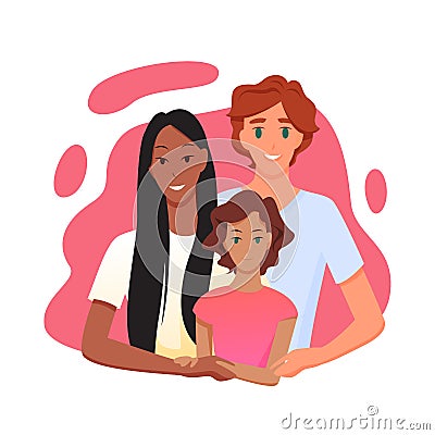 Family people with multi race parent hugging child daughter, multiracial relationship Vector Illustration