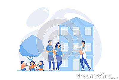 Family phisician with husband, pregnant wife and playing children. Family doctor, medical family practice, Vector Illustration