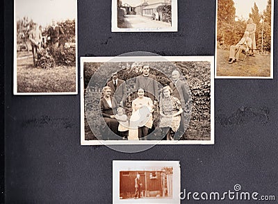 Vintage black and white photos in a family photo album 1930s - 1960s Editorial Stock Photo