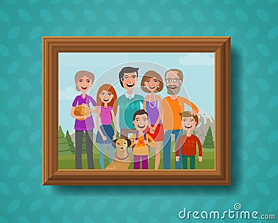 Family photo on wall in wooden frame. Cartoon vector illustration Vector Illustration