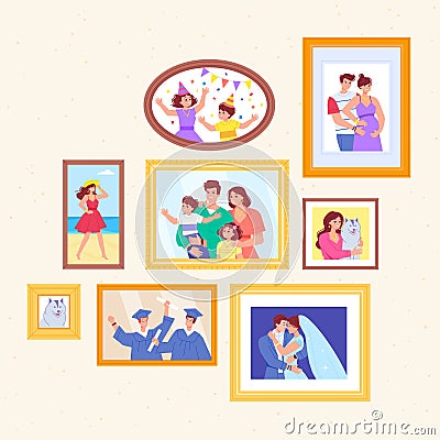 Family photographs. Families photo in frame on wall, memory pictures generations portraits happy moments nostalgic Vector Illustration