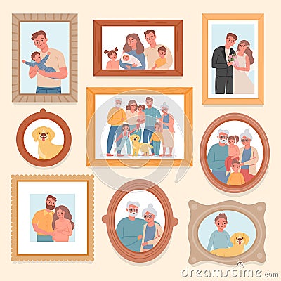 Family photos. Parents and kids portrait in frames. Memory pictures with wedding, grandparents, newborn baby. Big Vector Illustration