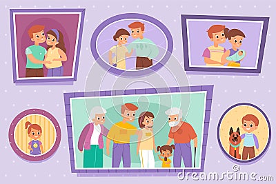 Family photos. Pictures on wall. Individual or people group portraits. Photography set of parents with children and Vector Illustration