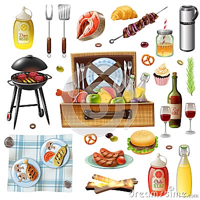 Family Picnic Barbecue Realistic Icons Set Vector Illustration