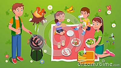 Family picnic grill. Enjoying meal and nature Vector Illustration