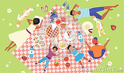 Family picnic, top view of happy mother and father, kids and dog lying on tablecloth Cartoon Illustration