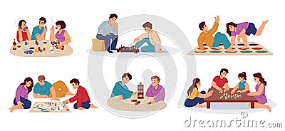 Family play game. People leisure. Gambling party. Cards and puzzles. Friends on poker table. Chess activity in group of Vector Illustration