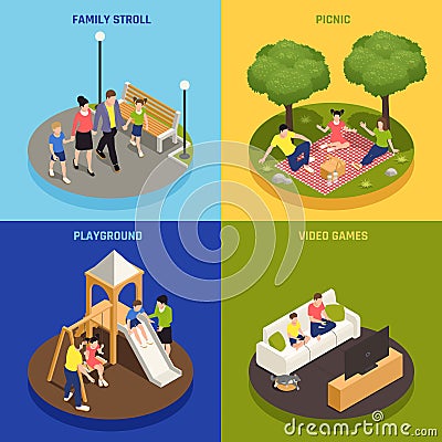 Family Playing Concept Icons Set Vector Illustration