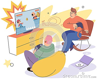 Family playing video game, father and son together in living room. Game party at home, gaming hobby Vector Illustration