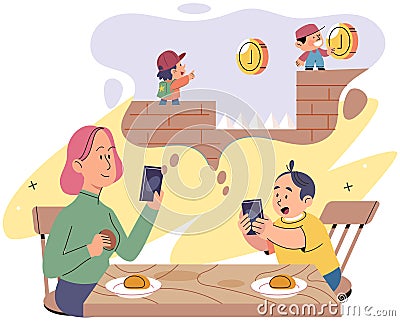 Family playing video game, mother and son together in living room. Game party at home, gaming hobby Vector Illustration