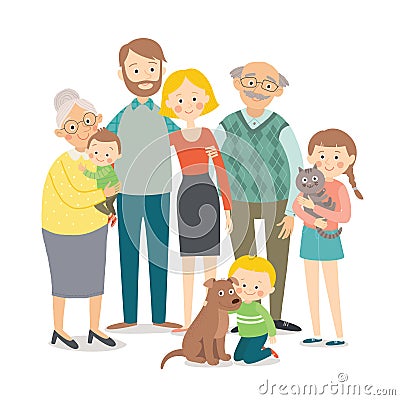 Family portrait. Big happy multi-generational family together. Cartoon vector hand drawn eps 10 illustration isolated on Vector Illustration