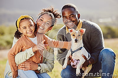 Family, portrait and dog at park with girl and parents relax, bond and play, happy and smile in nature. Black family Stock Photo