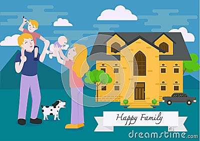 Family portrait. Happy family gesturing with cheerful smile. Home loan banner design Vector Illustration