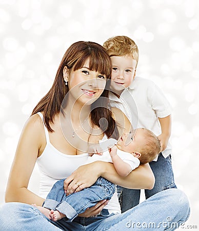 Family Portrait Mother and Baby Children, Mom with Two Kids Stock Photo