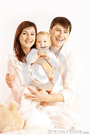 Family Portrait, Mother Father and Baby Kid, Happy Parens Stock Photo