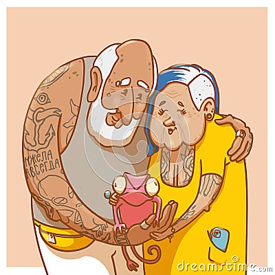 Family portrait of an old hipster couple with chameleon pet. Colorful cartoon stylish grandparents with tattoos Stock Photo