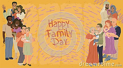 Family portrait, parents with children of different nationalities. Vector illustration, design banner or poster with an Vector Illustration