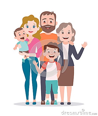 Family portrait. Parents, grandmother and two kids Vector Illustration