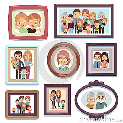 Family portrait photos. Pictures people photo frame happy characters relatives dynasty parents kids relationship, flat Vector Illustration