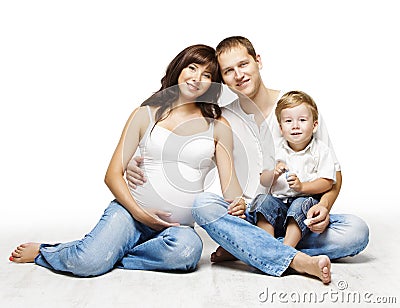 Family Portrait, Pregnant Mother Father Child Boy, Parents Kid Stock Photo