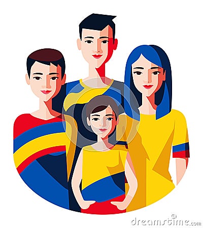 Family portrait with two adults and two teenagers smiling. Casual style, happy family together, modern design. Vector Vector Illustration