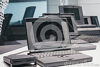 Family of PowerBook portable computers on display inside Apple Museum in Prague, Czech Republic Editorial Stock Photo