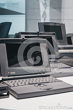 Family of PowerBook portable computers on display inside Apple Museum in Prague, Czech Republic Editorial Stock Photo