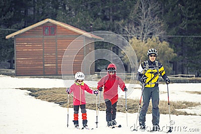 Family practicing cross-country skiing. The volcano Mount Etna, Sicily. Italy. Editorial Stock Photo