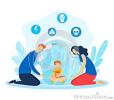 Family practicing earthquake safety drill. Parents teaching child protection against natural disaster. Protective Cartoon Illustration