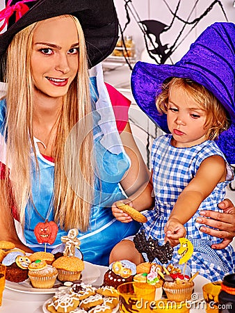 Family preparing halloween food Stock Photo