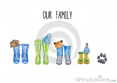 Family print concept with watercolor wellies boots for five. Colorful rain boots collection. Rubber boots autumn fall concept. Stock Photo