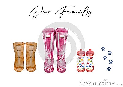 Family print concept with watercolor wellies boots for four. Colorful rain boots collection. Rubber boots autumn fall concept. Stock Photo