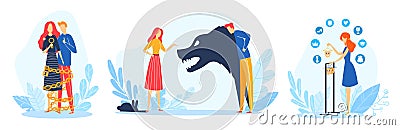 Family problems vector illustration set, cartoon flat family or couple people in conflict or abusive conflicting Cartoon Illustration