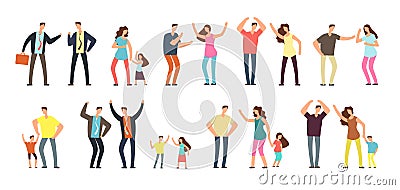 Family and professional conflict. Angry stressed swearing men, women and kids cartoon vector characters isolated Vector Illustration