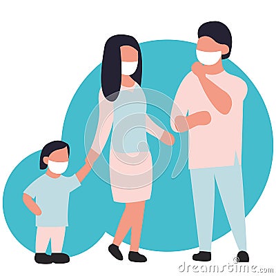 Family in a protective mask. Vector illustration for design isolated on a white background. Young man woman child Vector Illustration