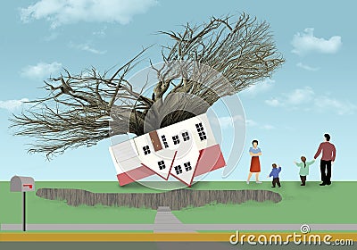 A family is pulling up roots to move to a new city for better jobs. The uprooted house is seen upside down Cartoon Illustration