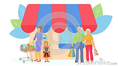 Family with purchase at shop outdoor, vector illustration. Business store with customer, retail sale at city mall and Vector Illustration