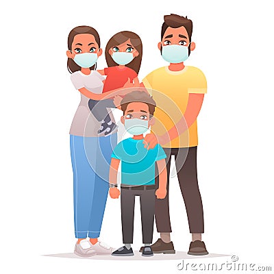Family quarantined. Coronavirus protection. Dad, mom, son and daughter are wearing medical masks on their faces Cartoon Illustration
