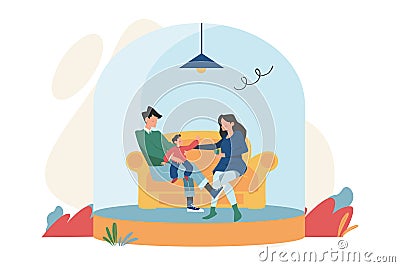 Family quarantined and isolated under a glass dome under protection Vector Illustration