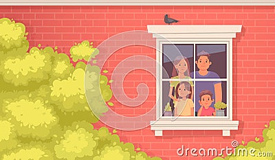 Family quarantined. Mom, dad, daughter and son look sadly out the window of the house. Stay at home Cartoon Illustration