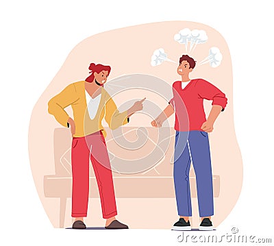 Family Quarrel Concept. Young Married Couple Quarreling. Man and Woman Sorting Things Out, Fighting. Scandal at Home Vector Illustration