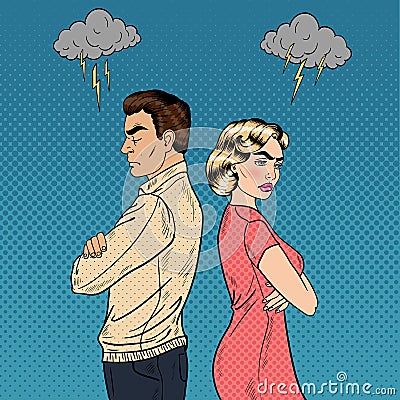 Family Quarrel - Unhappy Young Couple Standing Arms Crossed Back to Back. Pop Art Vector Illustration