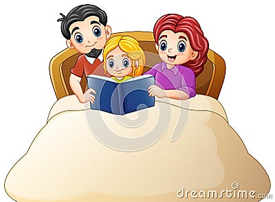 Family reading a book to daughter on bed on a white background Vector Illustration