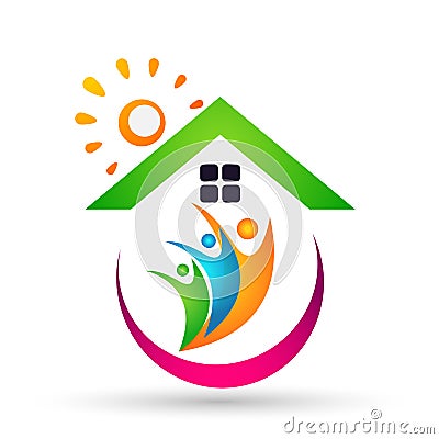 Family real estate sun home logo, family, parent, kids,green love, parenting, care, symbol icon design vector on white background Stock Photo