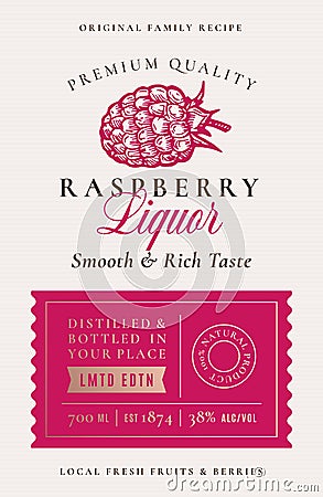 Family Recipe Raspberry Liquor Acohol Label. Abstract Vector Packaging Design Layout. Modern Typography Banner with Hand Vector Illustration