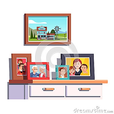 Family relatives photos frames on chest of drawers Vector Illustration