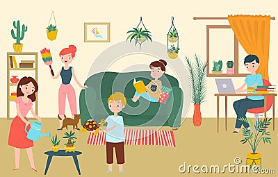 Family relax room, character father mother children stay home cartoon vector illustration. Group people spend time Vector Illustration